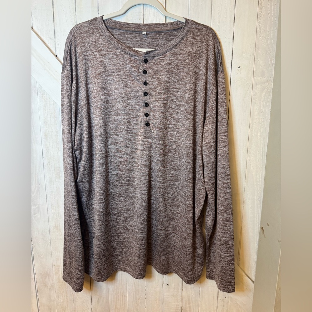 Size XXL Speckled Brown & White Henley –Stretchy & Moisture-Wicking Long Sleeve